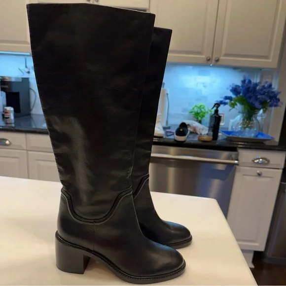 Vince Fabian Women’s Boots Knee High Black Leather Stretch Calf NEW Sz 7.5